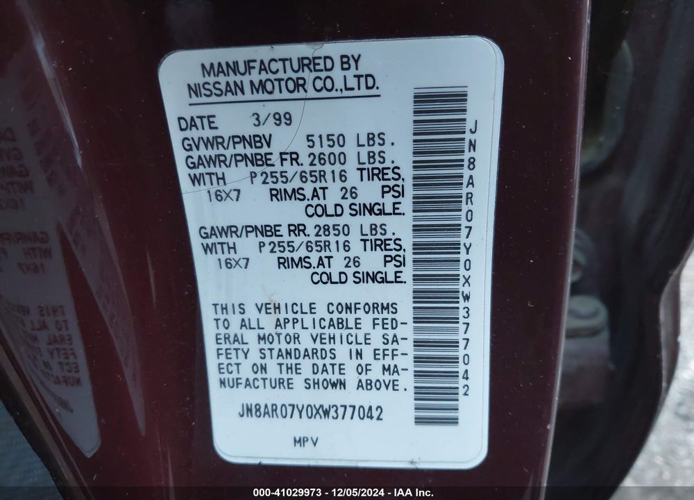 1999 NISSAN PATHFINDER LE/SE/XE VIN: JN8AR07Y0XW377042