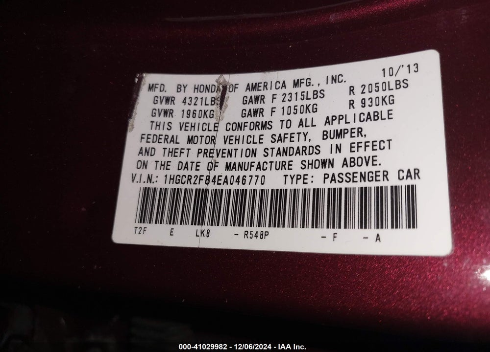 2014 HONDA ACCORD EX-L VIN: 1HGCR2F84EA046770
