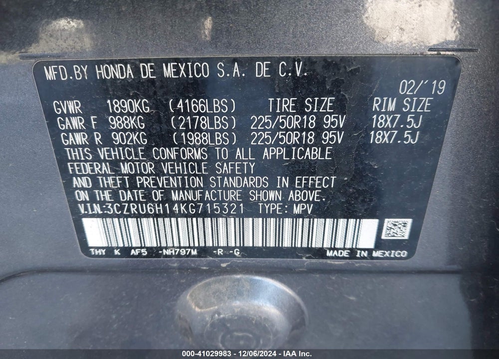 2019 HONDA HR-V SPORT VIN: 3CZRU6H14KG715321