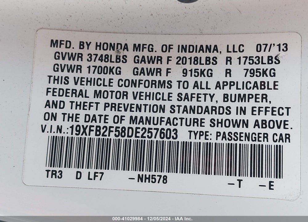 2013 HONDA CIVIC LX VIN: 19XFB2F58DE257603