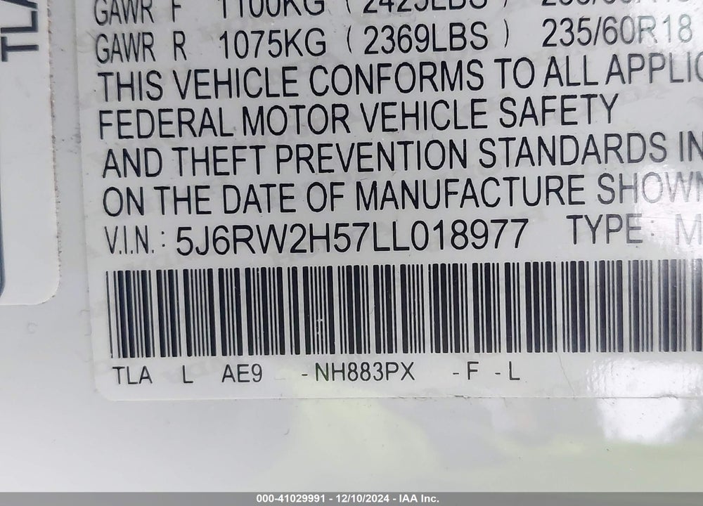 2020 HONDA CR-V AWD EX VIN: 5J6RW2H57LL018977