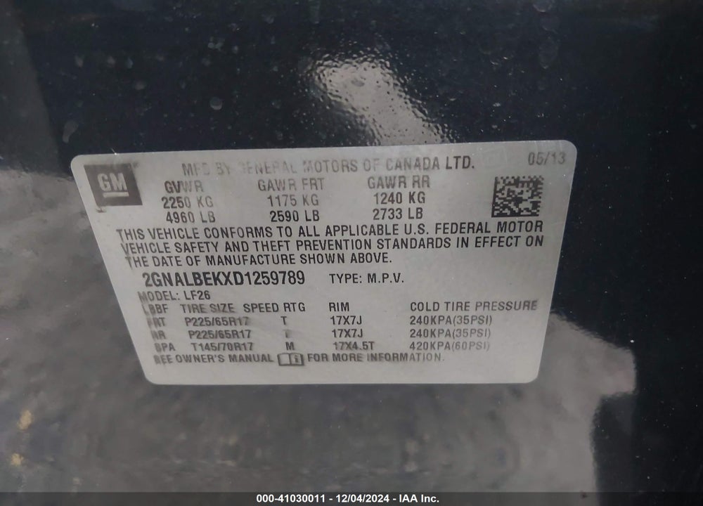 2013 CHEVROLET EQUINOX LS VIN: 2GNALBEKXD1259789