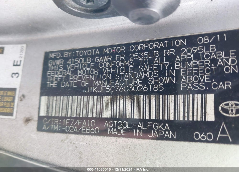 2012 SCION TC VIN: JTKJF5C76C3026185