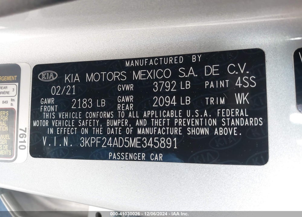 2021 KIA FORTE LXS VIN: 3KPF24AD5ME345891