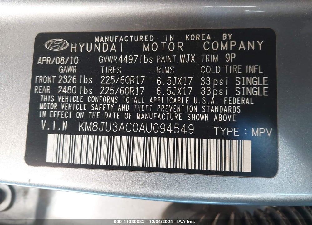 2010 HYUNDAI TUCSON GLS VIN: KM8JU3AC0AU094549
