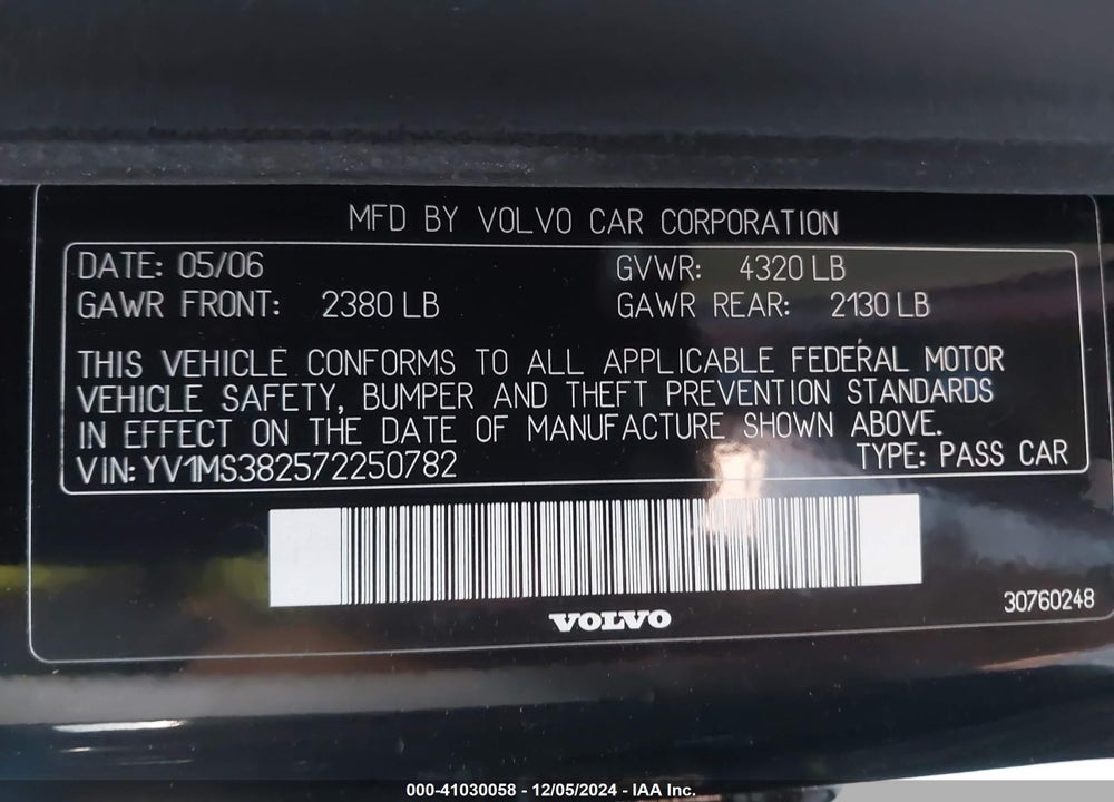 2007 VOLVO S40 2.4I VIN: YV1MS382572250782