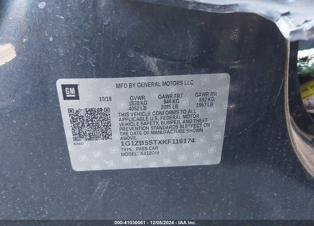 2019 CHEVROLET MALIBU 1LS VIN: 1G1ZB5STXKF116174
