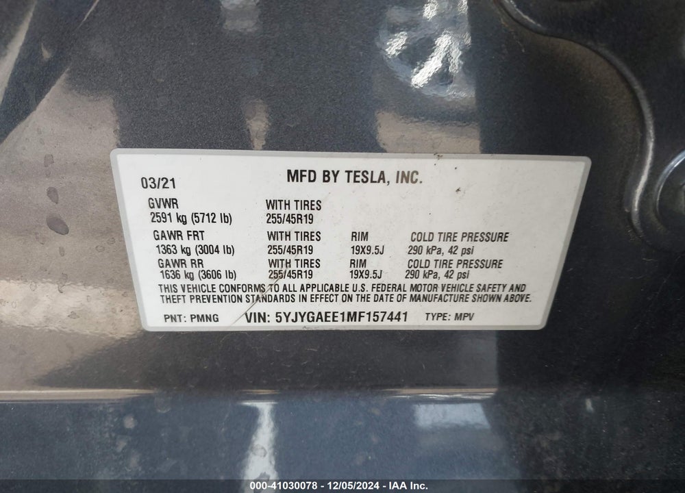2021 TESLA MODEL Y LONG RANGE DUAL MOTOR ALL-WHEEL DRIVE VIN: 5YJYGAEE1MF157441