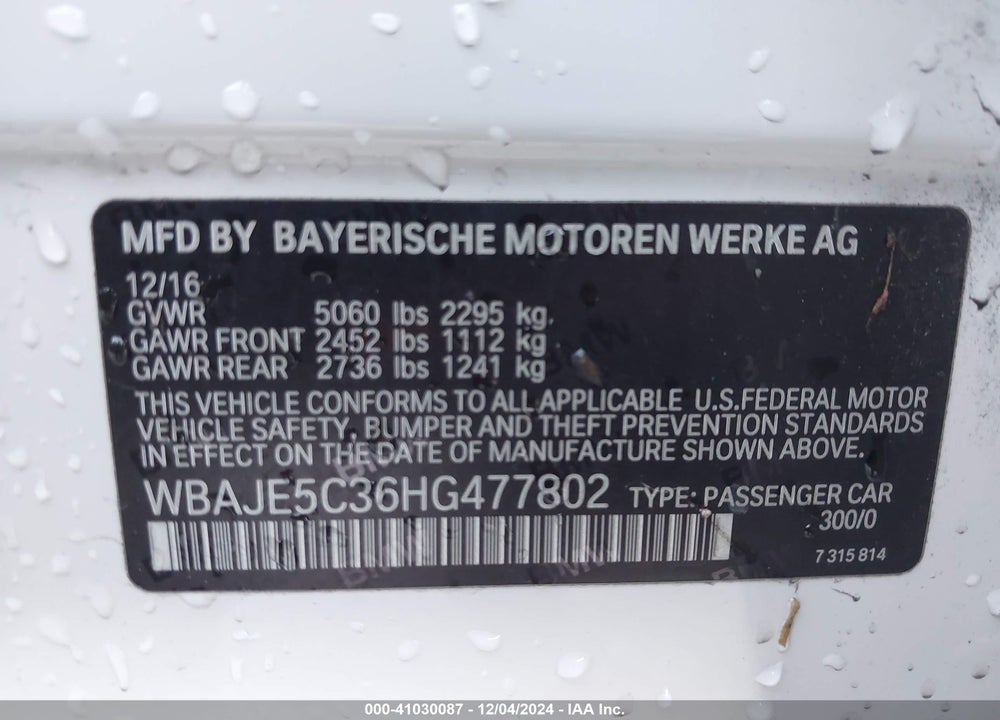2017 BMW 540I VIN: WBAJE5C36HG477802