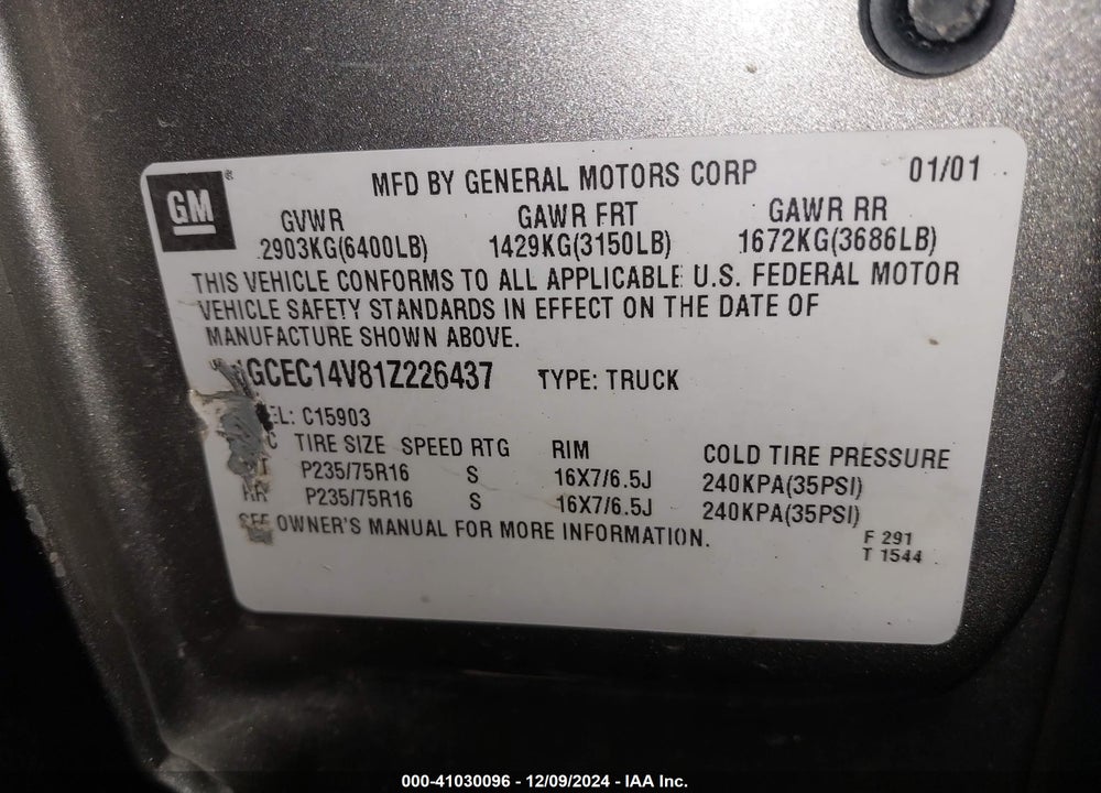 2001 CHEVROLET SILVERADO 1500 LS VIN: 1GCEC14V81Z226437