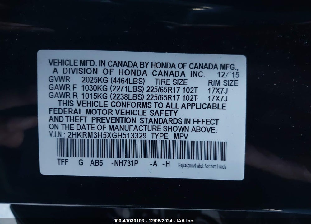 2016 HONDA CR-V EX VIN: 2HKRM3H5XGH513329