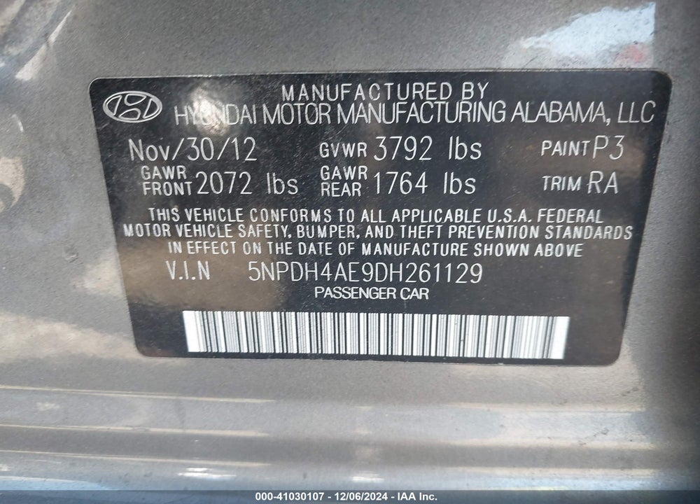 2013 HYUNDAI ELANTRA LIMITED VIN: 5NPDH4AE9DH261129