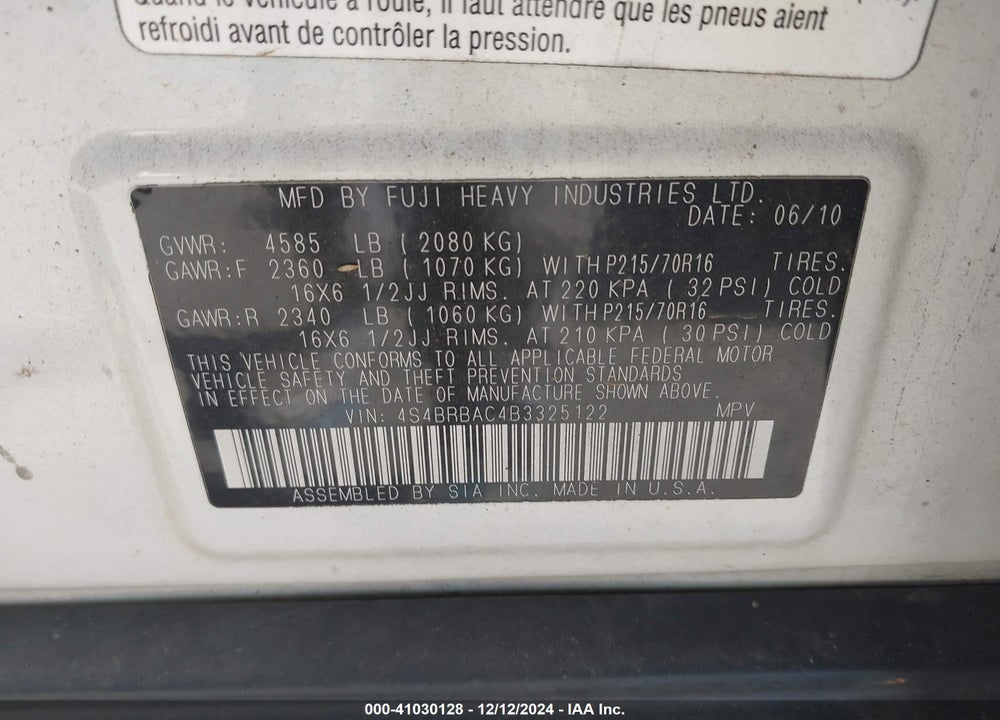 2011 SUBARU OUTBACK 2.5I VIN: 4S4BRBAC4B3325122