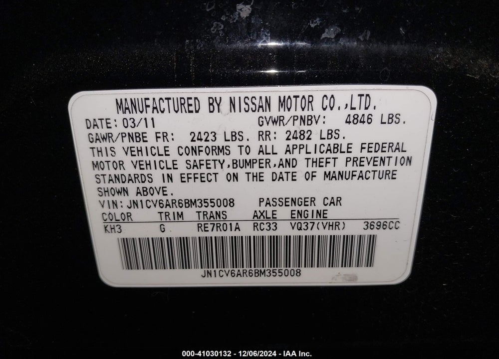 2011 INFINITI G37X VIN: JN1CV6AR6BM355008