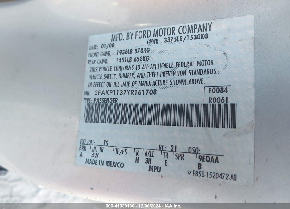 2000 FORD ESCORT ZX2 VIN: 3FAKP1137YR161708