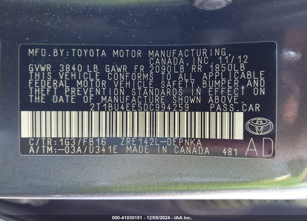 2013 TOYOTA COROLLA LE VIN: 2T1BU4EE5DC994259