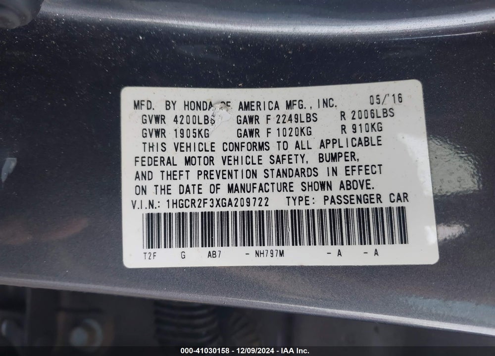 2016 HONDA ACCORD LX VIN: 1HGCR2F3XGA209722