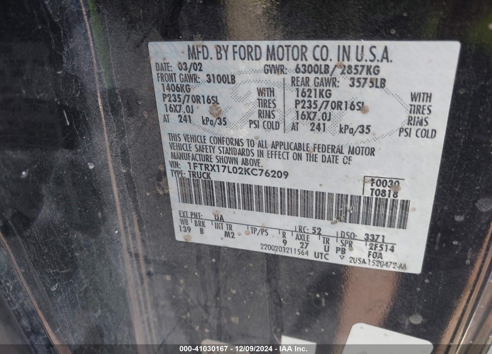 2002 FORD F-150 LARIAT/XL/XLT VIN: 1FTRX17L02KC76209