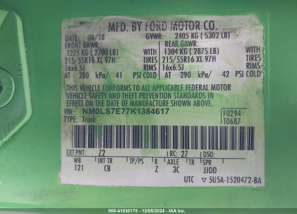 2019 FORD TRANSIT CONNECT XL VIN: NM0LS7E77K1384617