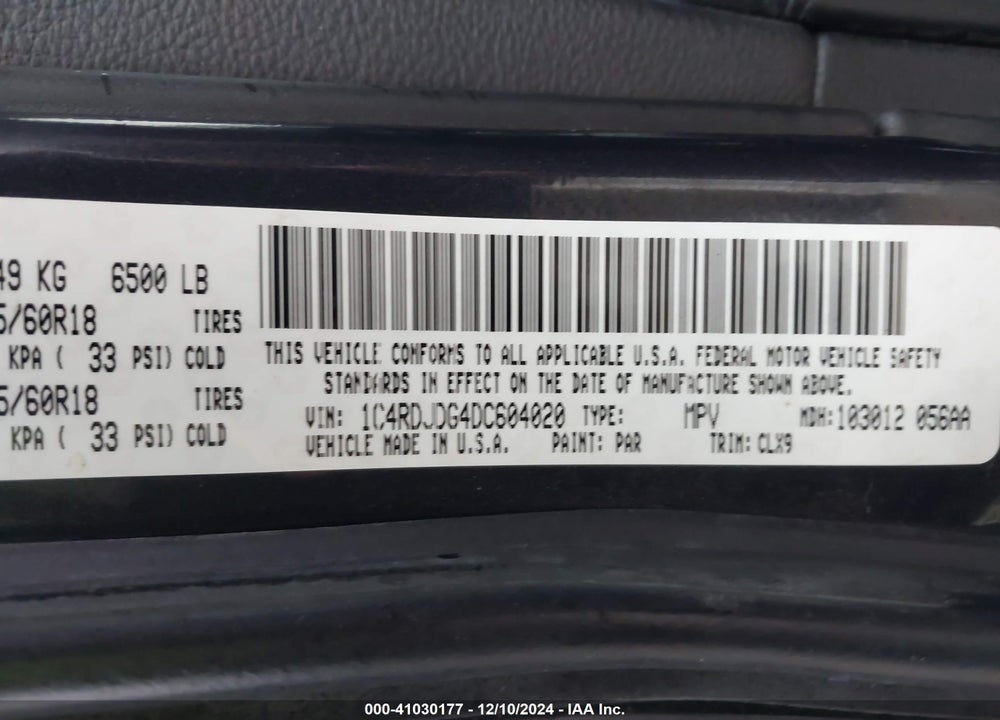 2013 DODGE DURANGO VIN: 1C4RDJDG4DC604020