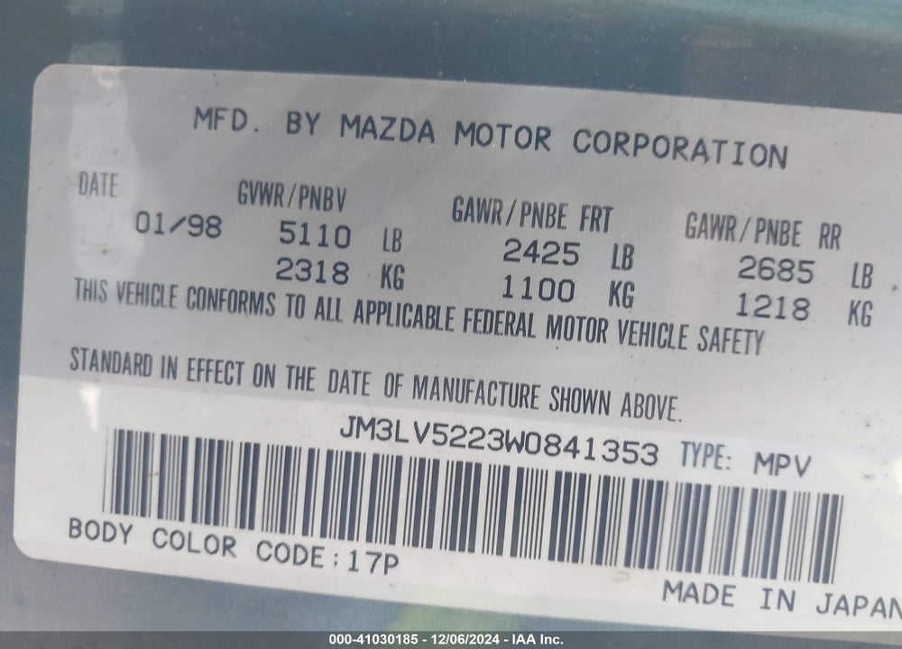 1998 MAZDA MPV ES/LX VIN: JM3LV5223W0841353