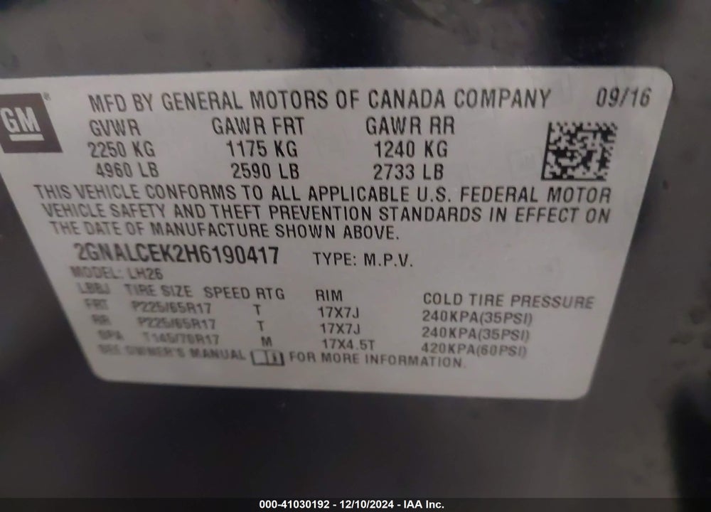 2017 CHEVROLET EQUINOX VIN: 2GNALCEK2H6190417