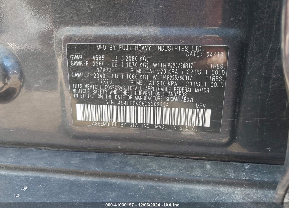 2013 SUBARU OUTBACK 2.5I LIMITED VIN: 4S4BRCKC6D3309124