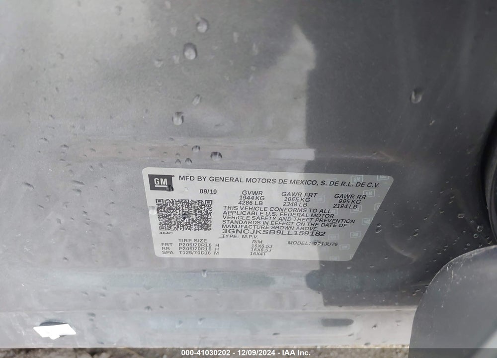2020 CHEVROLET TRAX FWD LS VIN: 3GNCJKSB9LL159182