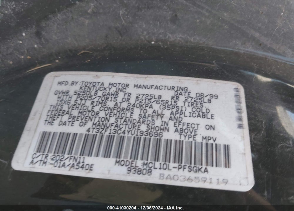 2000 TOYOTA SIENNA LE VIN: 4T3ZF13C4YU193696