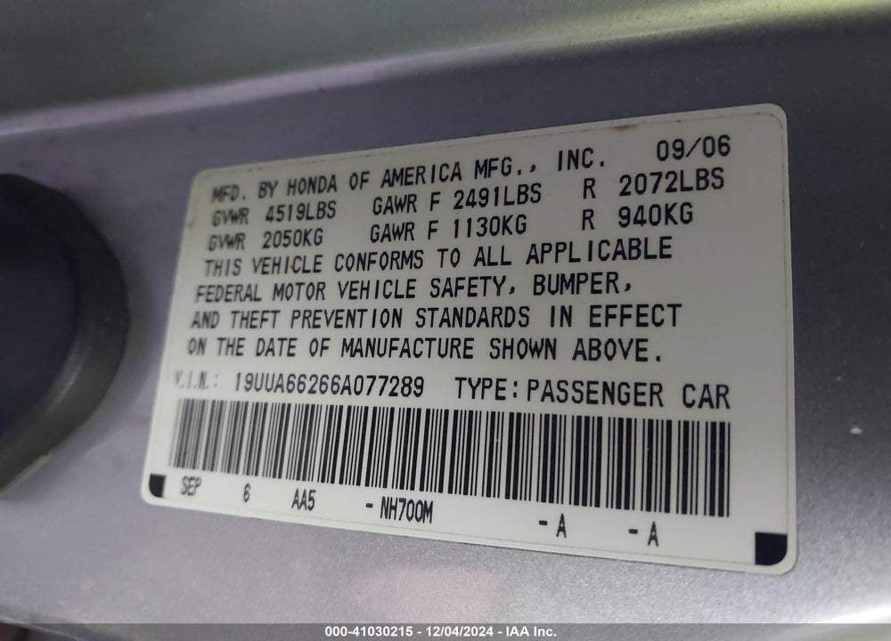 2006 ACURA TL VIN: 19UUA66266A077289