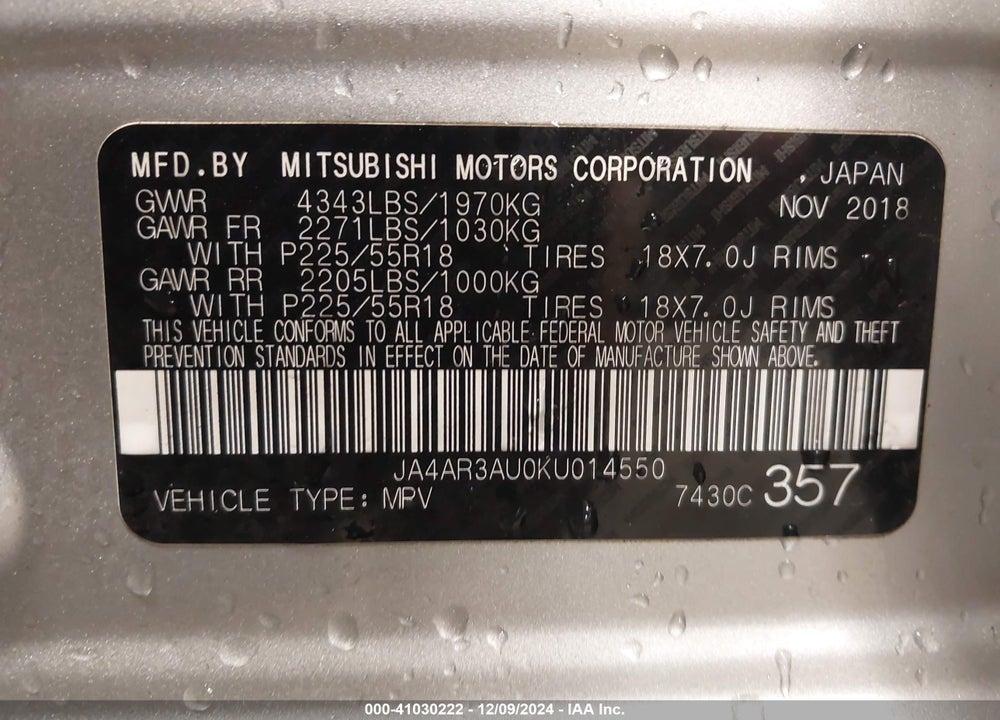 2019 MITSUBISHI OUTLANDER SPORT 2.0 LE VIN: JA4AR3AU0KU014550