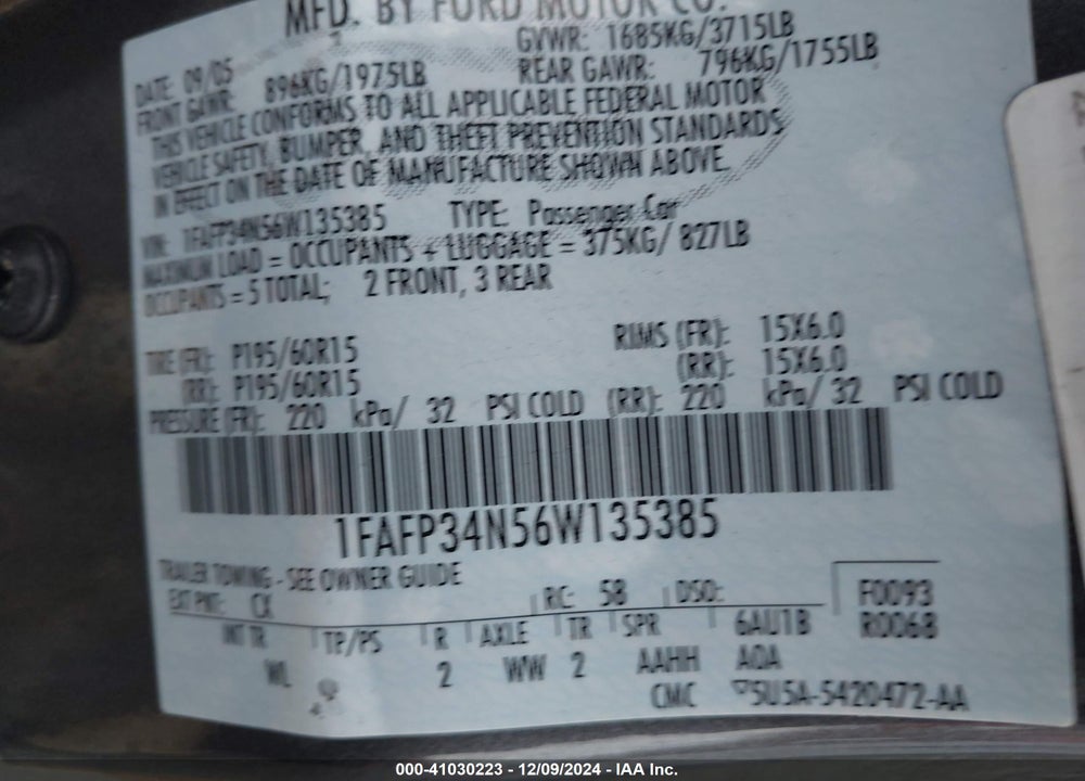 2006 FORD FOCUS SE/ZX4 VIN: 1FAFP34N56W135385