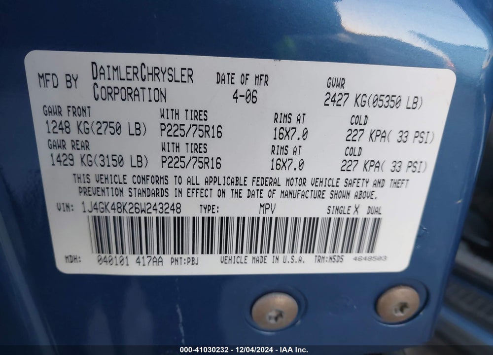 2006 JEEP LIBERTY SPORT VIN: 1J4GK48K26W243248
