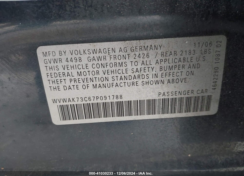 2007 VOLKSWAGEN PASSAT 2.0T VIN: WVWAK73C67P091788