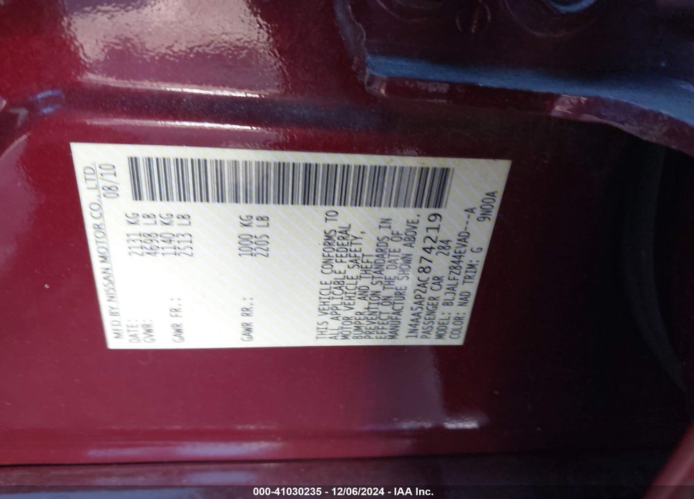 2010 NISSAN MAXIMA 3.5 SV VIN: 1N4AA5AP2AC874219