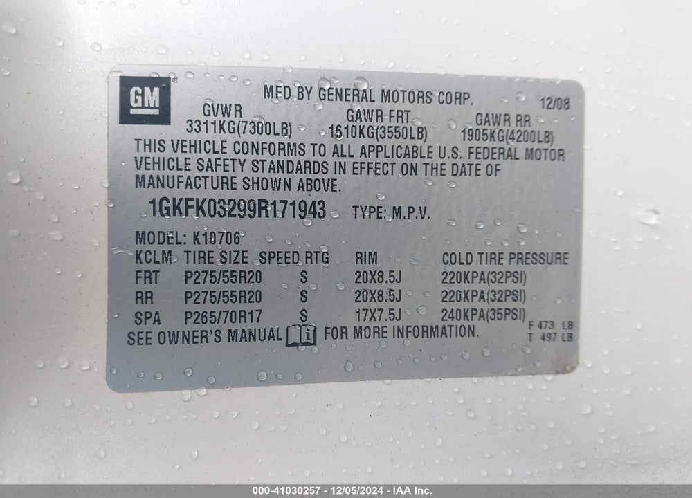 2009 GMC YUKON DENALI VIN: 1GKFK03299R171943
