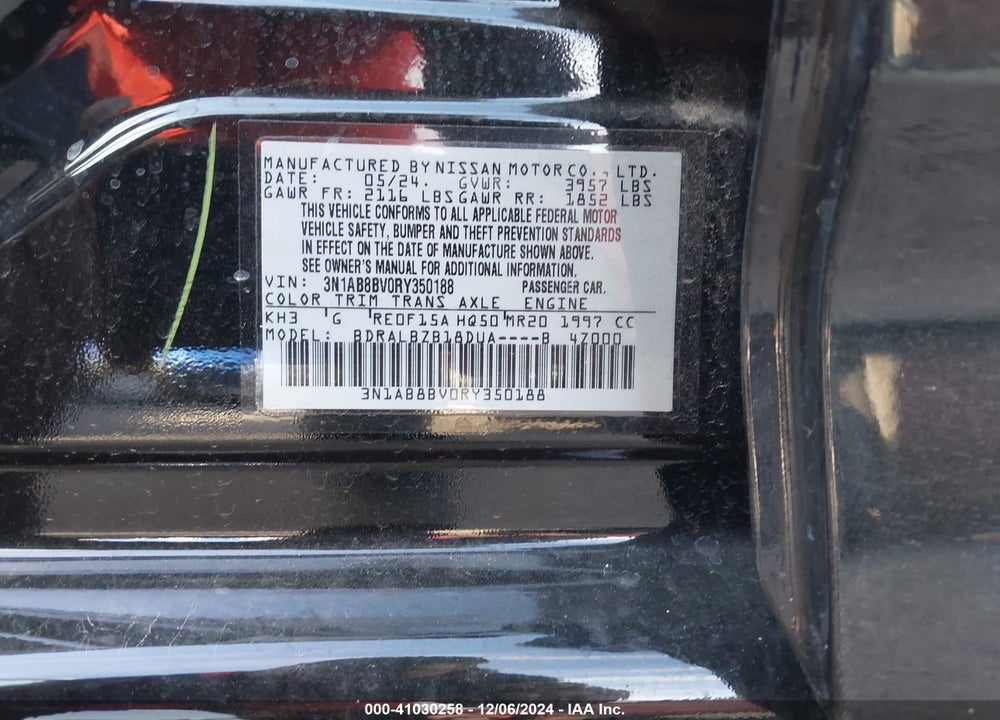 2024 NISSAN SENTRA S XTRONIC CVT VIN: 3N1AB8BV0RY350188