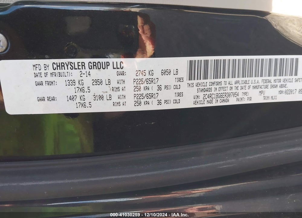 2014 CHRYSLER TOWN & COUNTRY TOURING VIN: 2C4RC1BG6ER307054