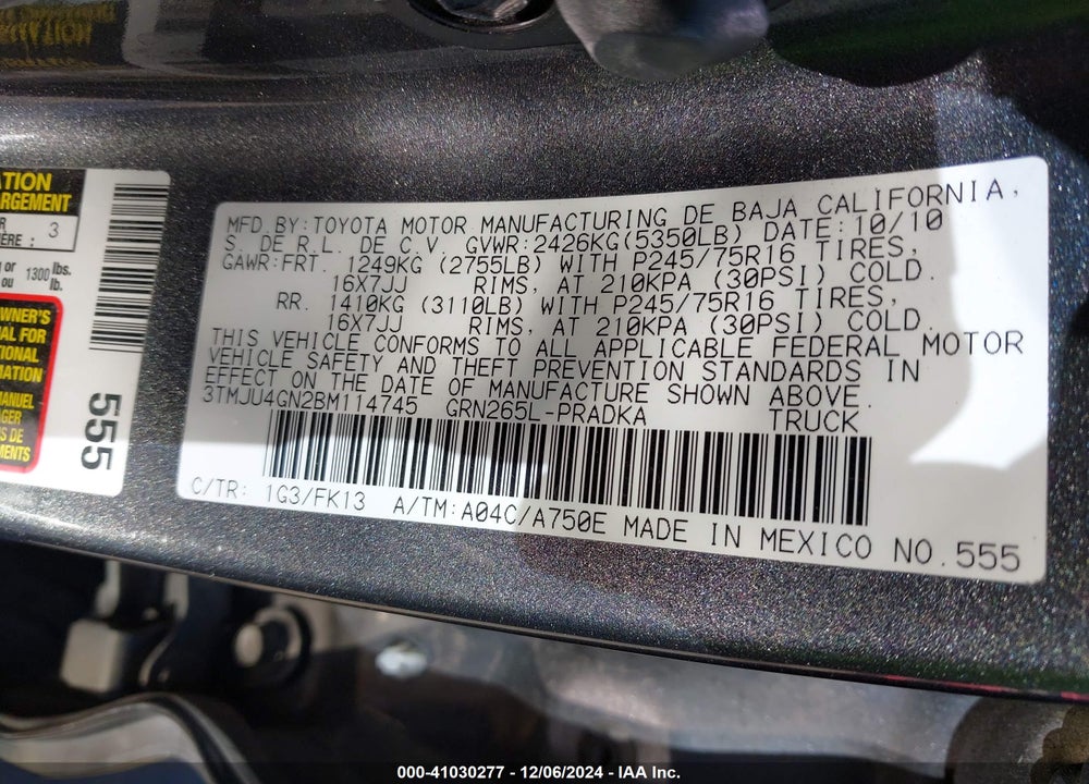 2011 TOYOTA TACOMA DOUBLE CAB PRERUNNER VIN: 3TMJU4GN2BM114745