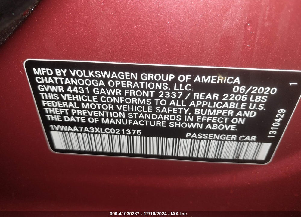 2020 VOLKSWAGEN PASSAT 2.0T S VIN: 1VWAA7A3XLC021375