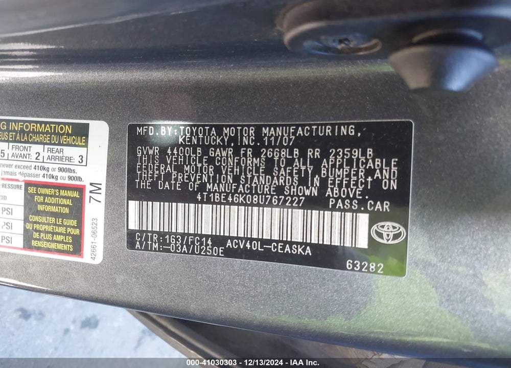 2008 TOYOTA CAMRY SE VIN: 4T1BE46K08U767227