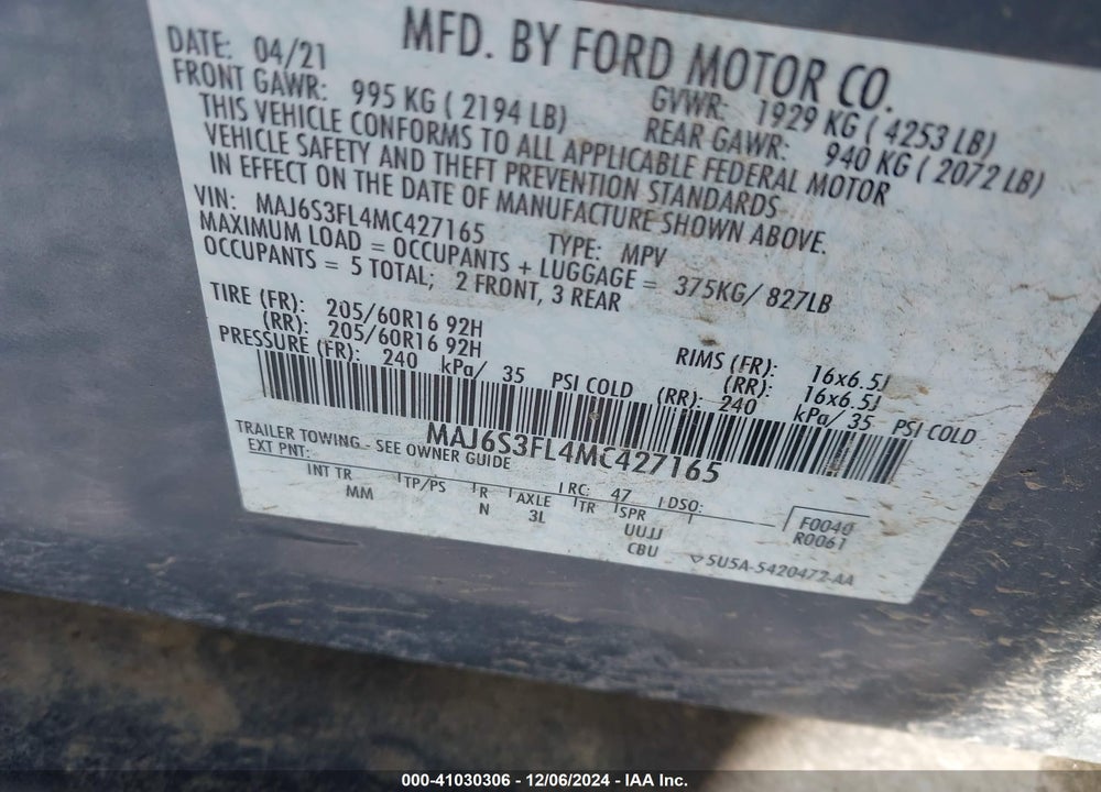 2021 FORD ECOSPORT S VIN: MAJ6S3FL4MC427165