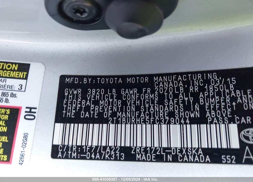2015 TOYOTA COROLLA S PREMIUM VIN: 2T1BURHE5FC379044