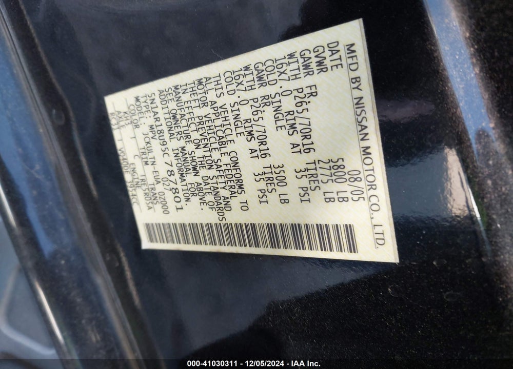 2005 NISSAN PATHFINDER SE VIN: 5N1AR18U95C787801