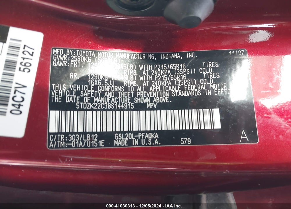 2008 TOYOTA SIENNA XLE VIN: 5TDZK22C38S144915