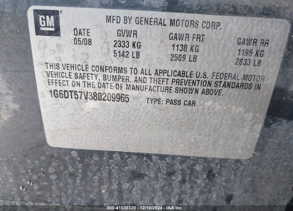 2008 CADILLAC CTS STANDARD VIN: 1G6DT57V380209965