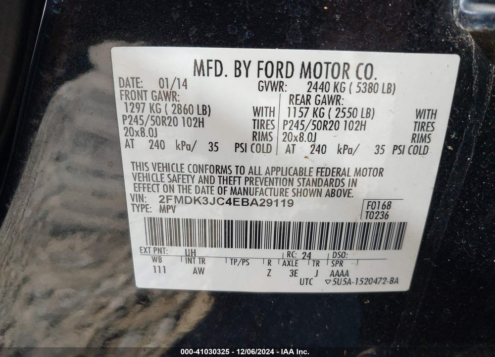 2014 FORD EDGE SEL VIN: 2FMDK3JC4EBA29119