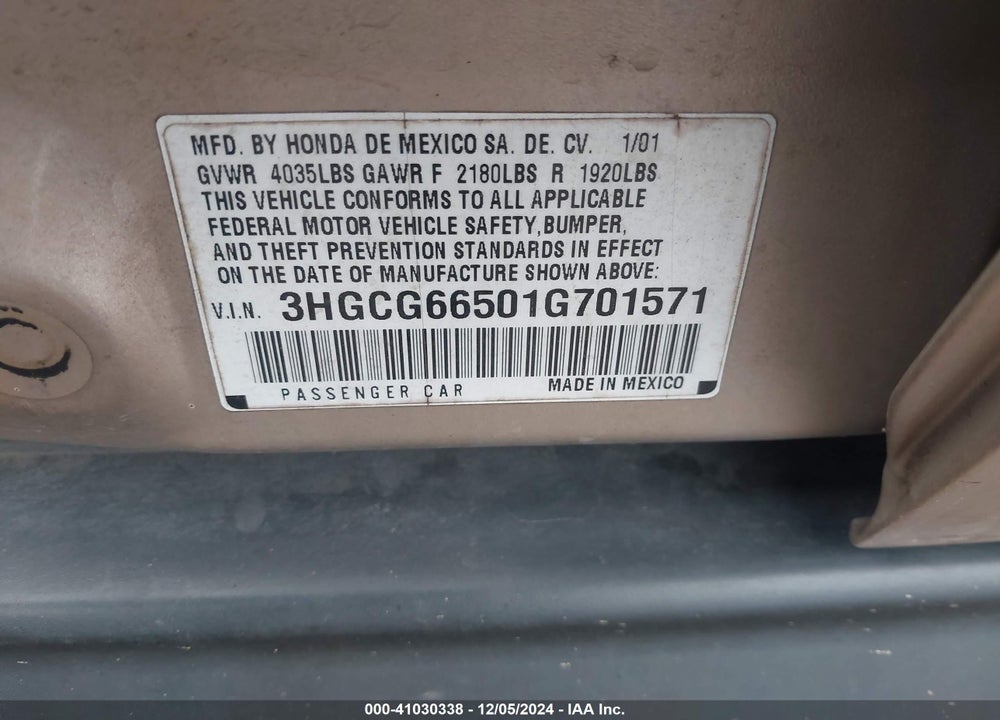 2001 HONDA ACCORD 2.3 LX VIN: 3HGCG66501G701571