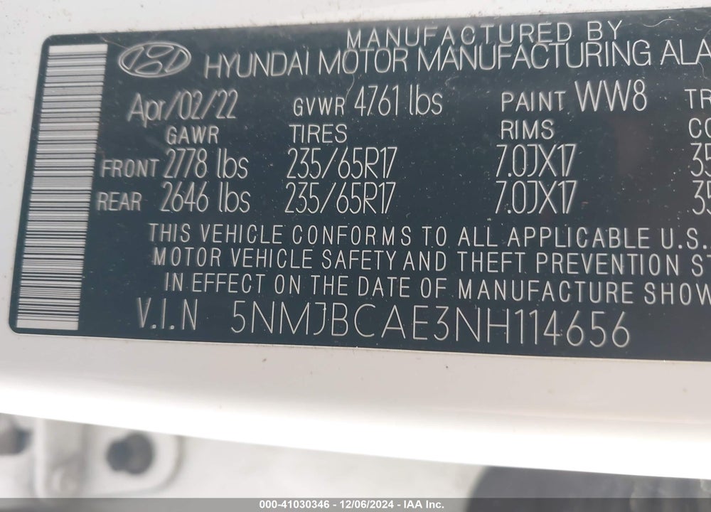 2022 HYUNDAI TUCSON SEL VIN: 5NMJBCAE3NH114656