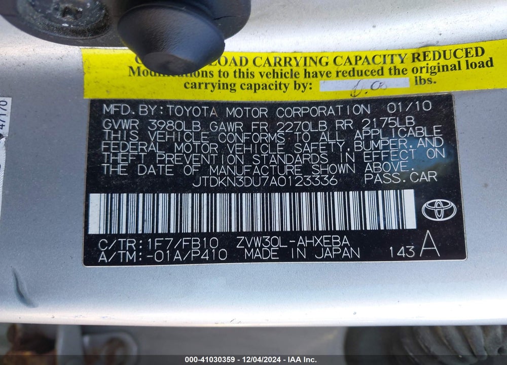 2010 TOYOTA PRIUS II VIN: JTDKN3DU7A0123336